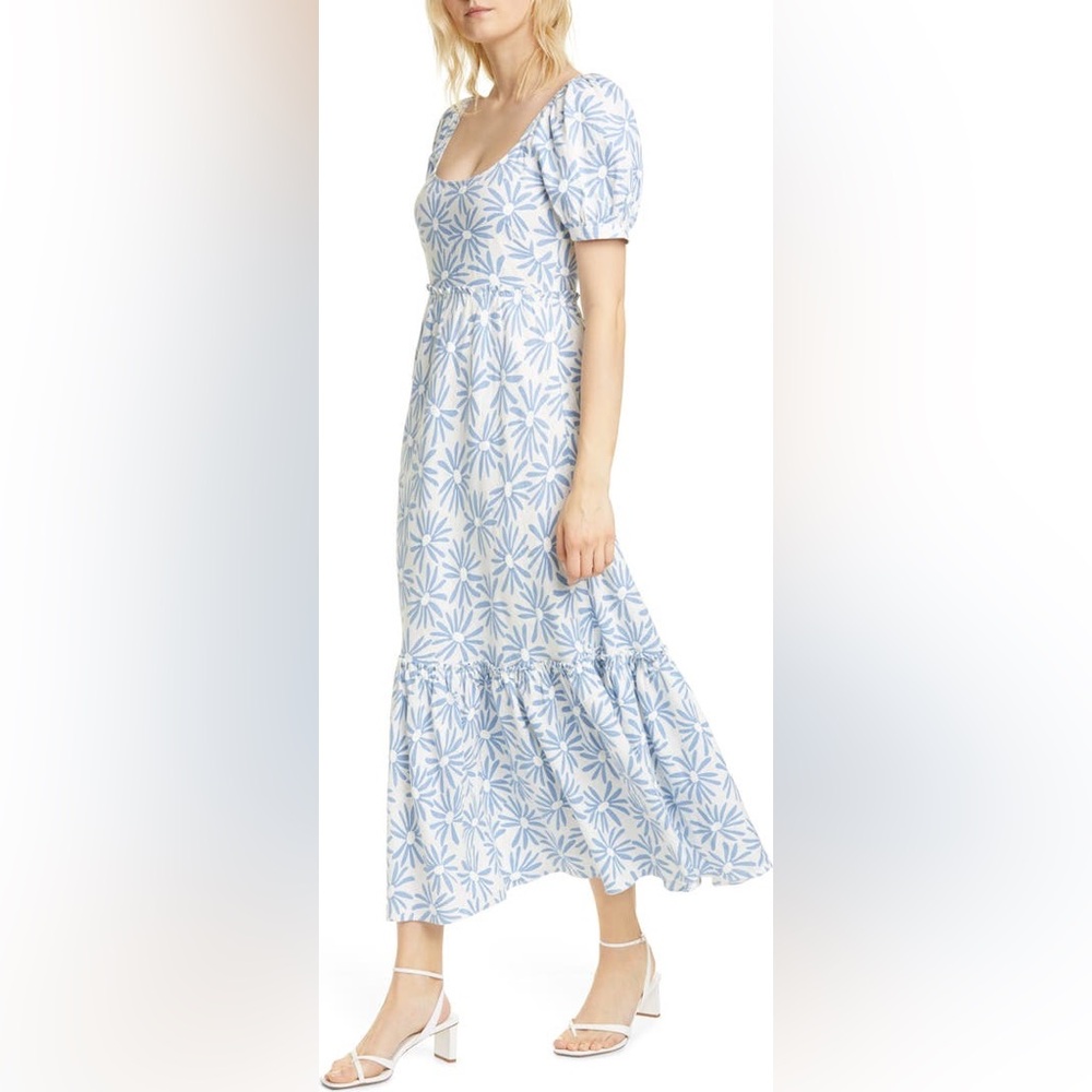 LIKE NEW Polo Ralph Lauren Kai Linen Midi Dress Blue and White Floral Size 6